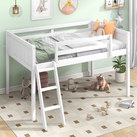 PAPROOS Twin Loft Bed, Modern Low Loft Bed Frame with Safety Guardrail and Ladder, Ladder Can Be Placed on The Left or Right, Twin Size Wood Loft Bed for Kids Girls Boys, No Box Spring Needed, White