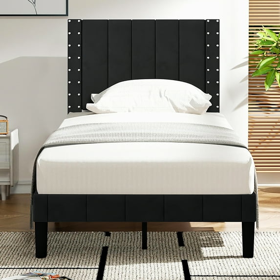 PAPROOS Twin Platform Bed Frame, Upholstered Bed Frame Twin Size with Vertical Channel and Rivet Decor Headboard, No Box Spring Needed, Easy Assembly, Black