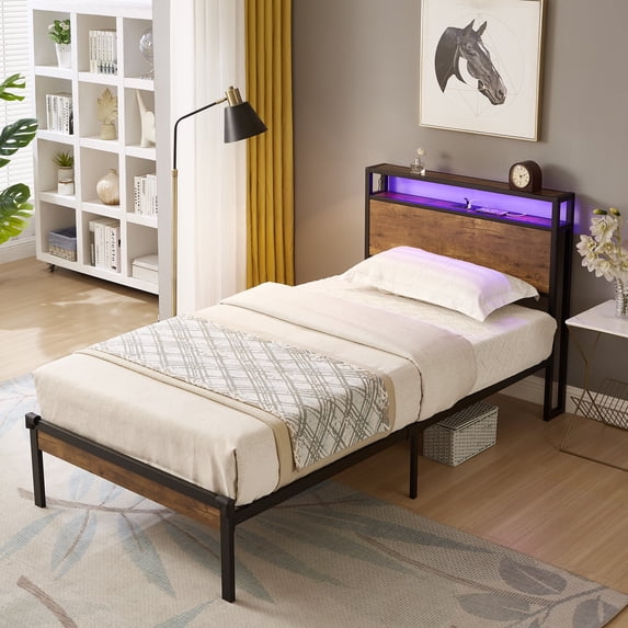 Paproos Twin Bed Frame, Metal Platform Bed with LED lights & Charging Station, Heavy Duty Metal Twin Bed with Headboard, Twin Size Metal Bed Frame with Underbed Storage, Rustic Brown#3