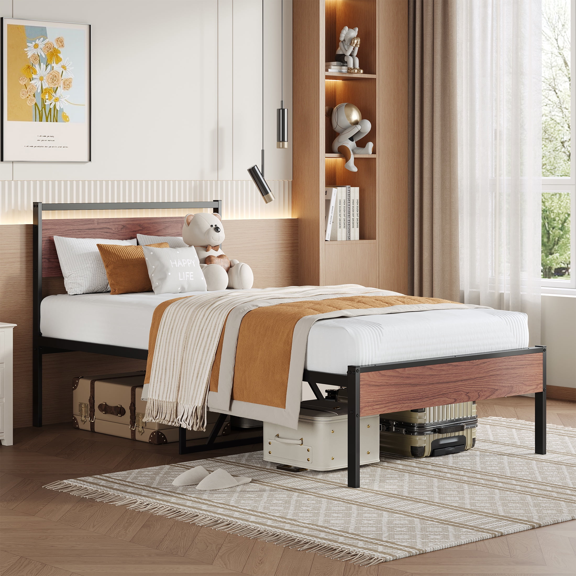 PAPROOS Twin Bed Frame, Metal Twin Bed with Wooden Panel Headboard, Platform Bed with Underbed Storage, Twin Size Metal Bed Frame, No Box Spring Needed, Rustic Brown