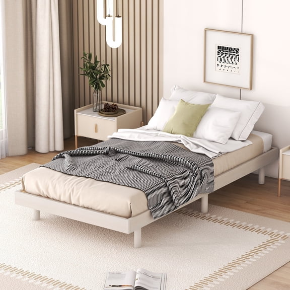PAPROOS Twin Size Bed Frame, New Upgraded Wood Platform Bed with Strong Wooden Slats and Solid Wood Legs, Modern Floating Platform Bed Frame for Teens Adults, No Box Spring Needed, White Washed Color