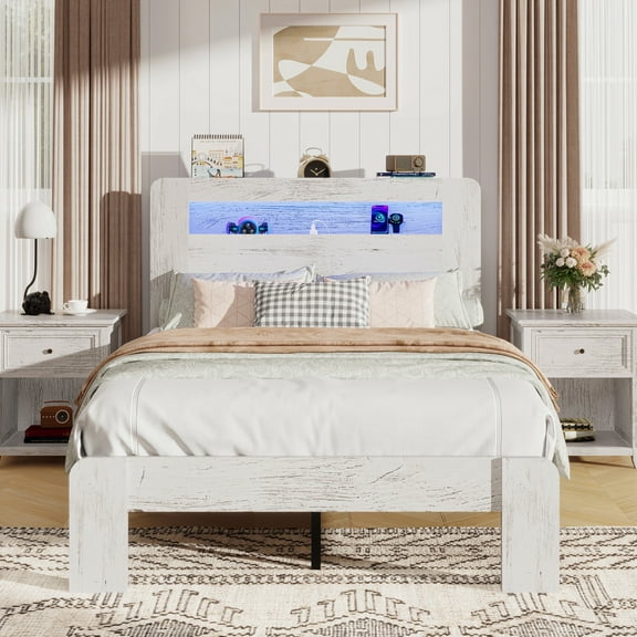 PAPROOS Twin Size Bed Frame, Wood Platform Bed with Charging Station and LED Light, Twin Bed Frame with Headboard and Strong Wooden Slats for Teens Adults, No Box Spring Needed, Gray White