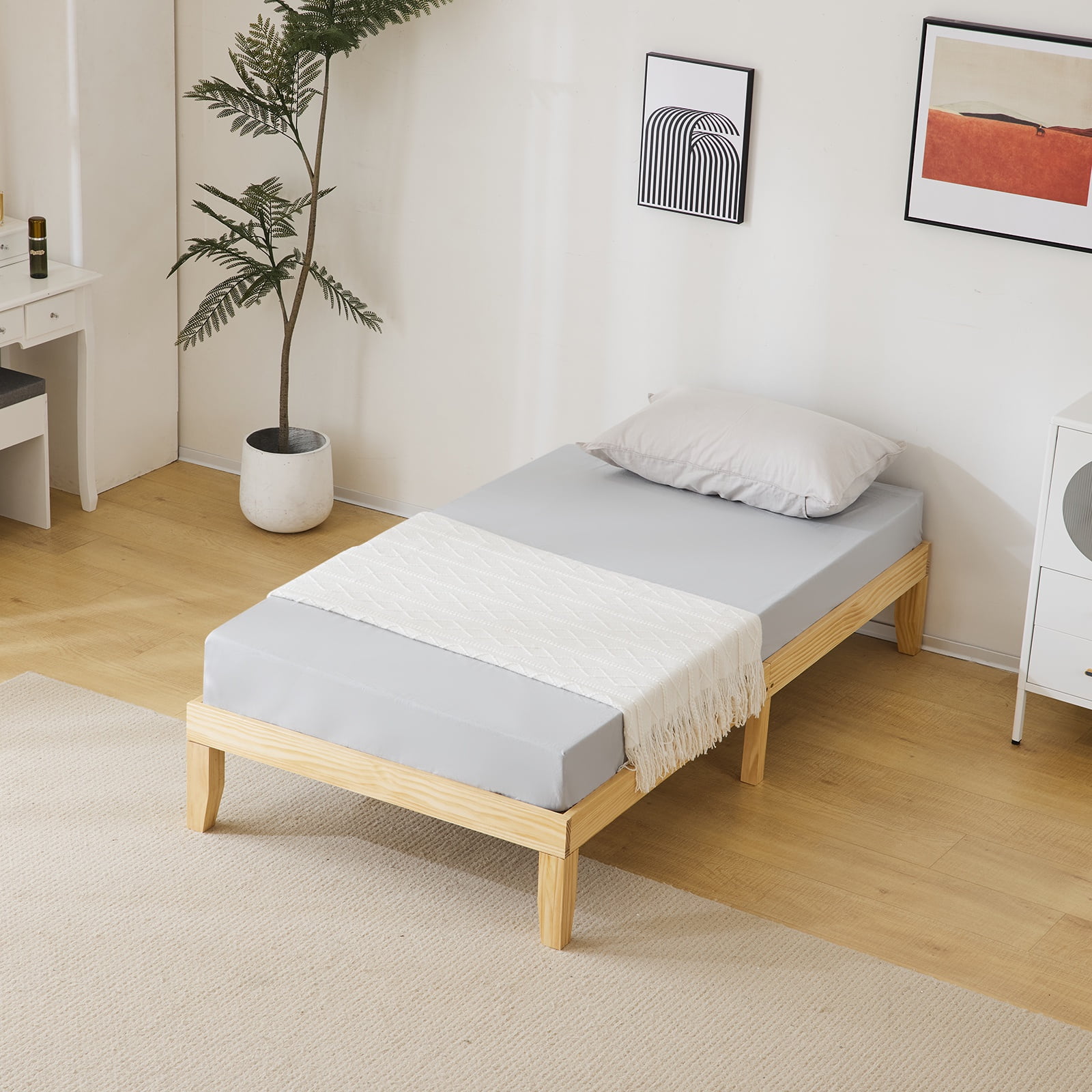 PAPROOS Twin Size Bed Frame, Wooden Platform Bed with Strong Wood Slats ...
