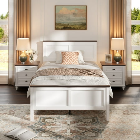 UHOMEPRO Twin Size Bed Frame, Wood Platform Bed with Headboard and Footboard, Twin Bed Frame with Wooden Slats, Holds 350lbs, Easy Assembly, No Box Spring Needed, Brown and White