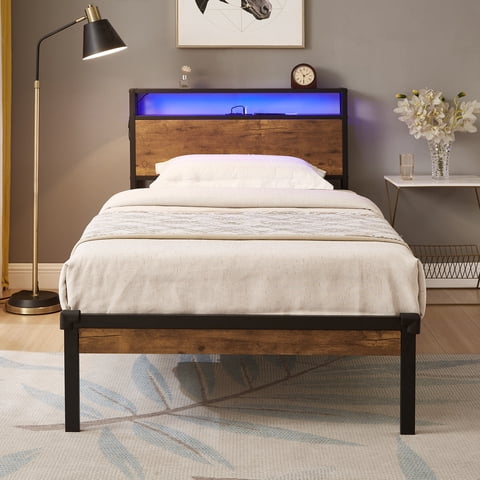PAPROOS Twin Size Bed Frame with LED Lights and USB Charging Station, Metal Platform Bed with Wood Headboard, Spacious Under-Bed Storage, No Box Spring Needed, Easy Assembly, Rustic Brown
