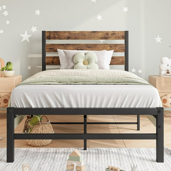 PAPROOS Twin Bed Frame with wood Headboard, Metal Platform Bed with Under Bed Storage, No Box Spring Needed, Noise Free, Black+Brown