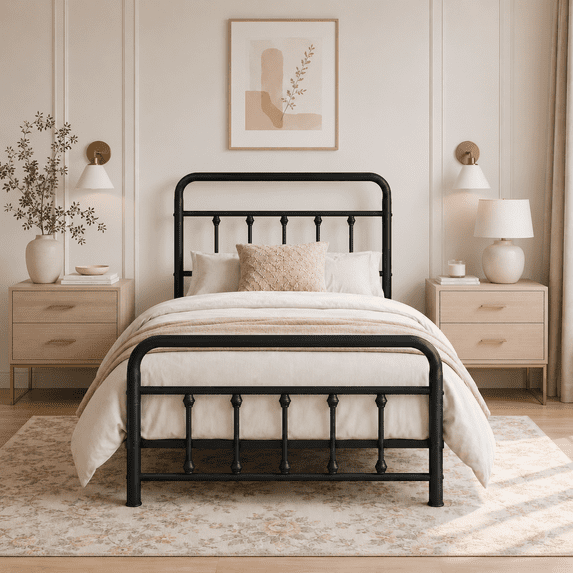 PAPROOS Twin Bed Frame with Headboard and Footboard, Metal Platform Bed with Under Bed Storage, No Box Spring Needed, Noise Free, Black