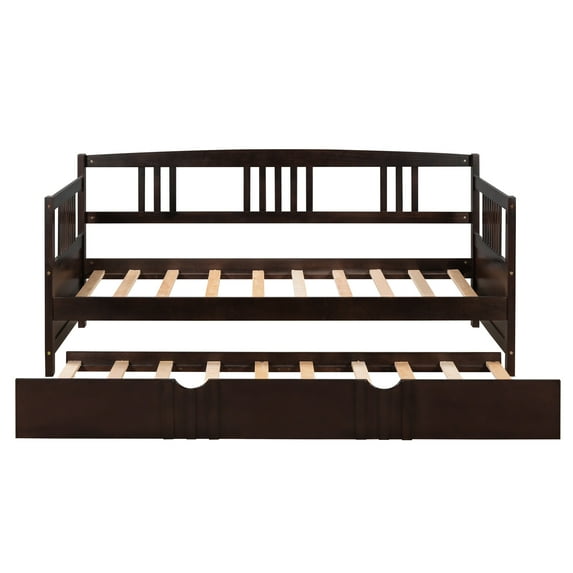 PAPROOS Twin Size Daybed with Trundle Included, Solid Wood Daybed with a Trundle, Heavy Duty Daybed Frame, Living Room Sofa Bed with Pull Out Bed, No Box Spring Needed, Espresso