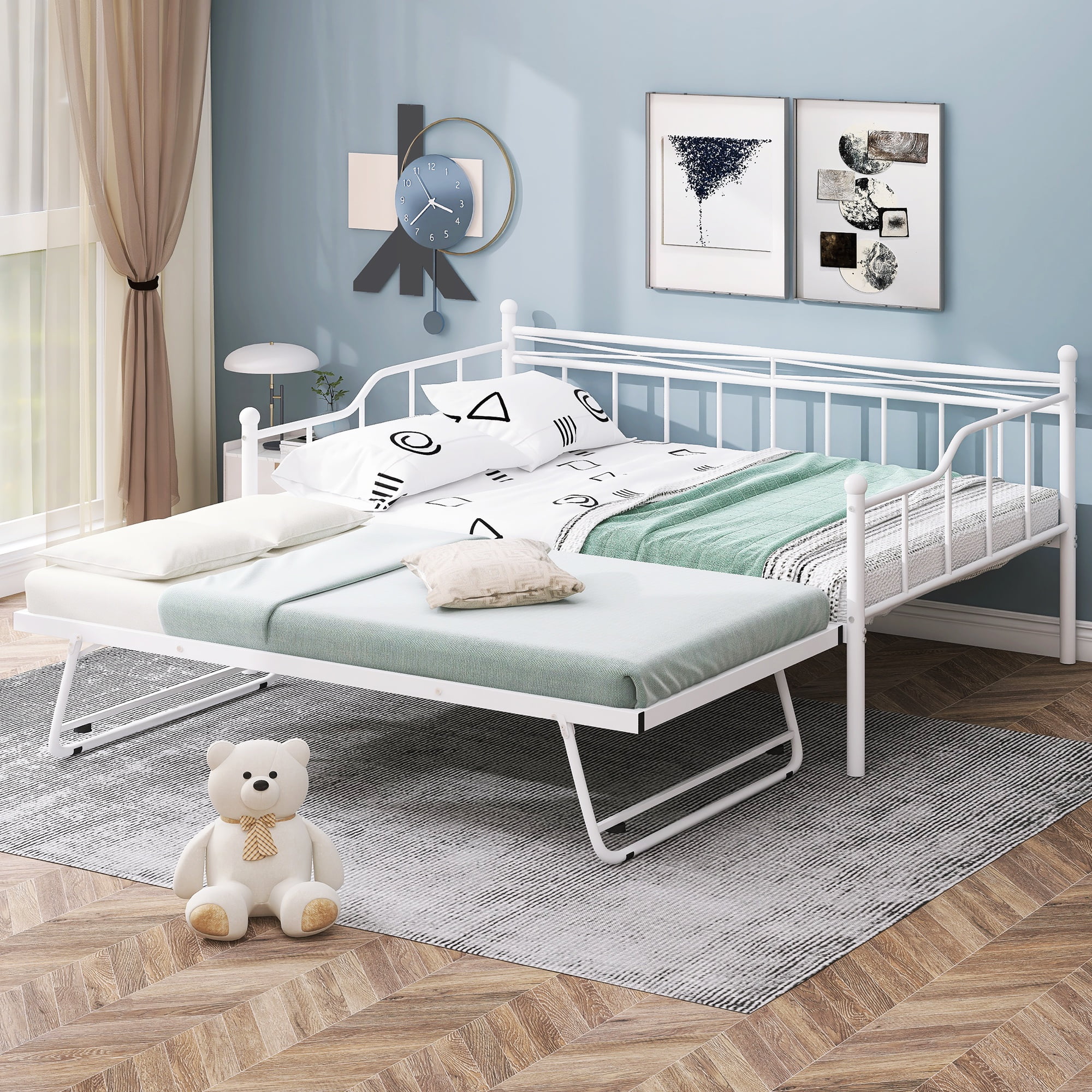 Twin Black Metal Daybed with Trundle and Wood Headboard