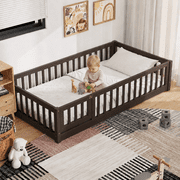 PAPROOS Twin Montessor Floor Bed, Solid Wood Toddler Bed with Safety Guardrail and Door, Easy Assembly, Low-to-Floor Bed Frame with Slats for Kids, Espresso