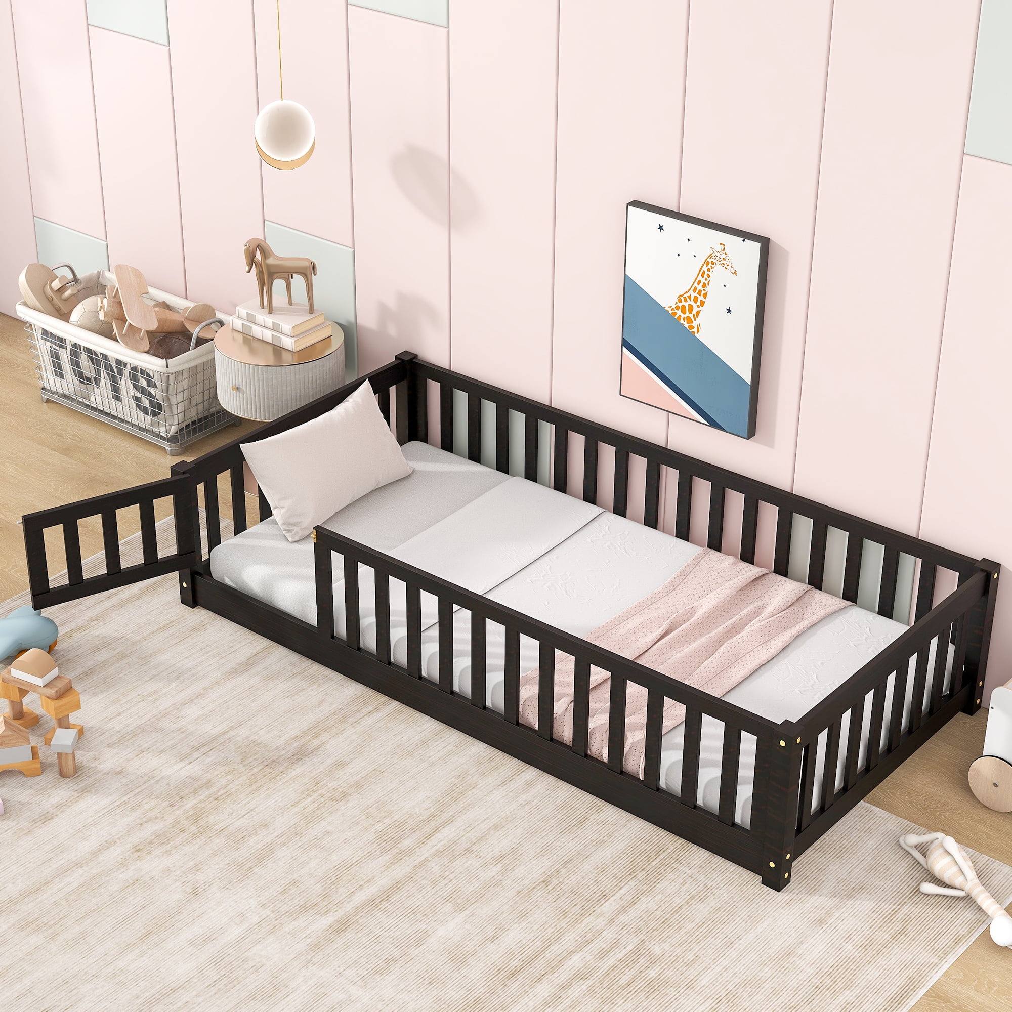 PAPROOS Twin Size Floor Bed, Solid Wood Toddler Bed with Slat, Fence Guardrail and Door, No Box Spri(图1) PAPROOS Twin Size Floor Bed, Solid Wood Toddler Bed with Slat, Fence Guardrail and Door, No Box Spri(图1)