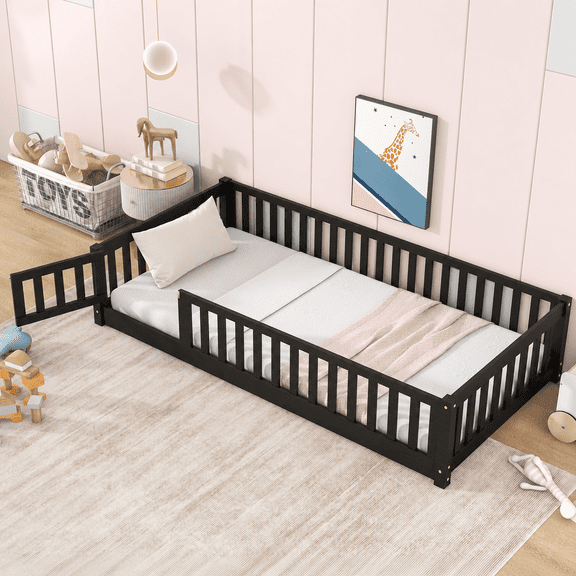 PAPROOS Twin Montessor Floor Bed, Solid Wood Toddler Bed with Safety Guardrail and Door, Easy Assembly, Low-to-Floor Bed Frame with Slats for Kids, Espresso