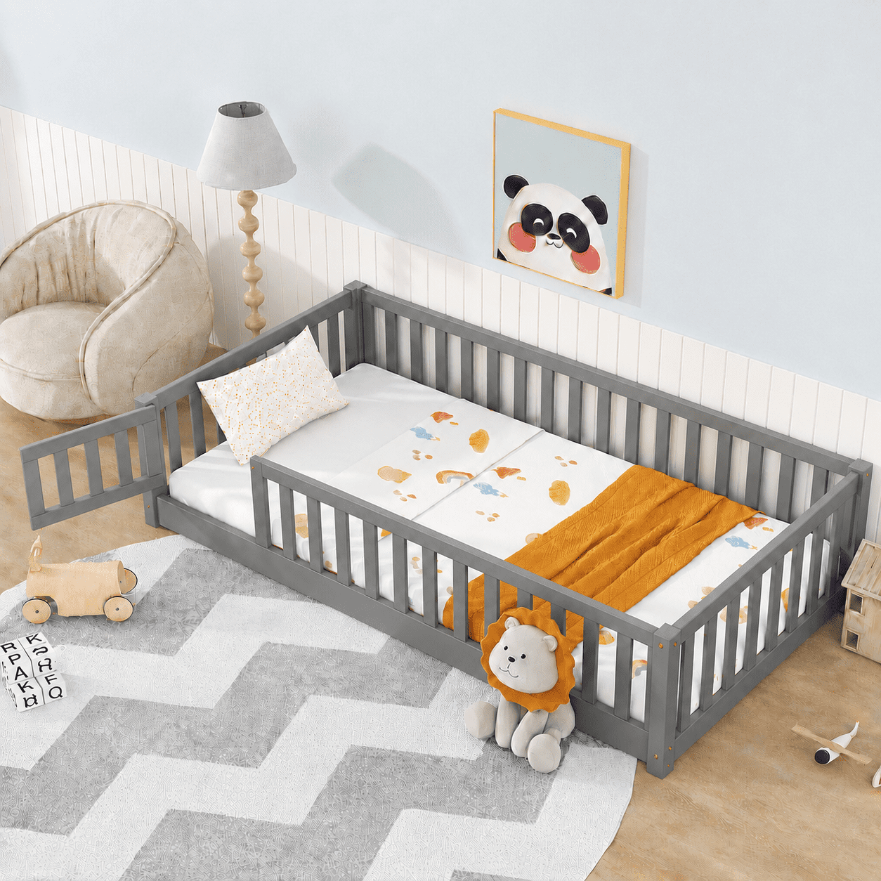 PAPROOS Twin Montessor Floor Bed, Solid Wood Toddler Bed with Safety Guardrail and Door, Easy Assembly, Low-to-Floor Bed Frame with Slats for Kids, Gray