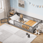 PAPROOS Twin Montessor Floor Bed, Solid Wood Toddler Bed with Safety Guardrail and Door, Easy Assembly, Low-to-Floor Bed Frame with Slats for Kids, Gray