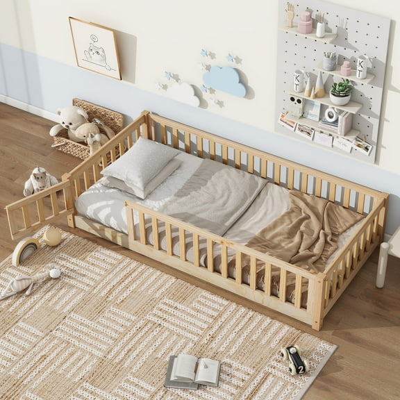 PAPROOS Twin Size Floor Bed, Solid Wood Toddler Bed with Slat, Fence Guardrail and Door, No Box Spring Needed, Montessori Bed, Twin Bed for Kids, Boys, Girls, Natural