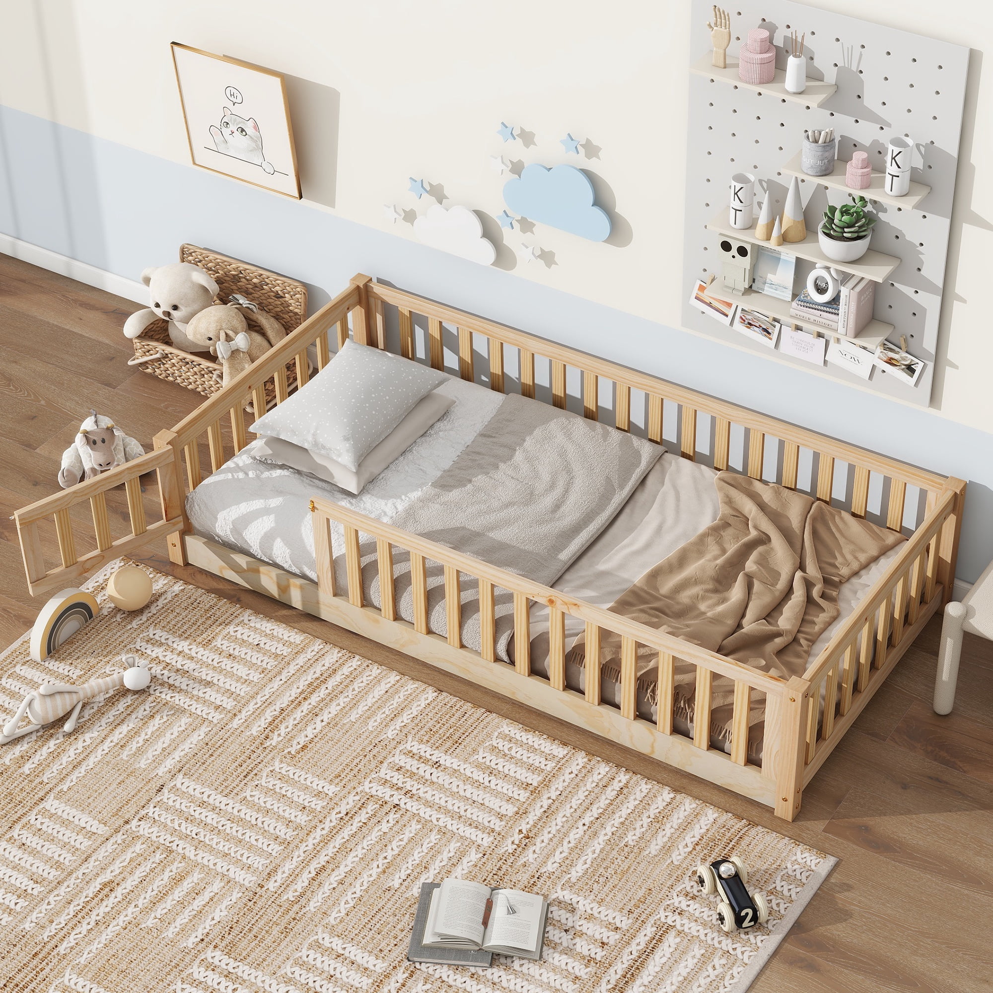 Paproos Twin Size Floor Bed, Solid Wood Frame, Slats, Fence Guardrail — free download