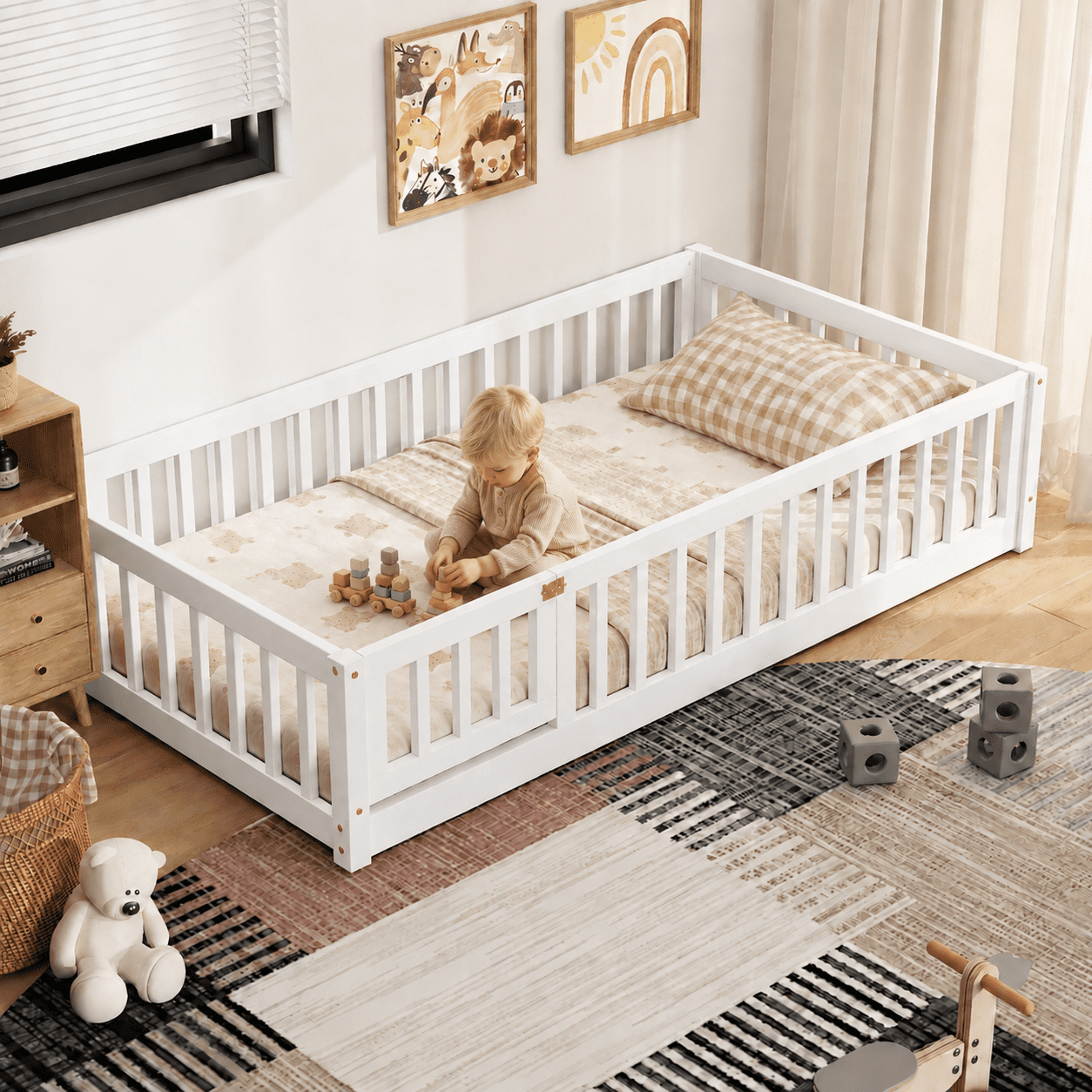 PAPROOS Twin Montessori Floor Bed Frame with Guardrails and Door, Wood Slat Support, Low-to-Floor Bed for Little Girls and Boys, No Box Spring Needed, White