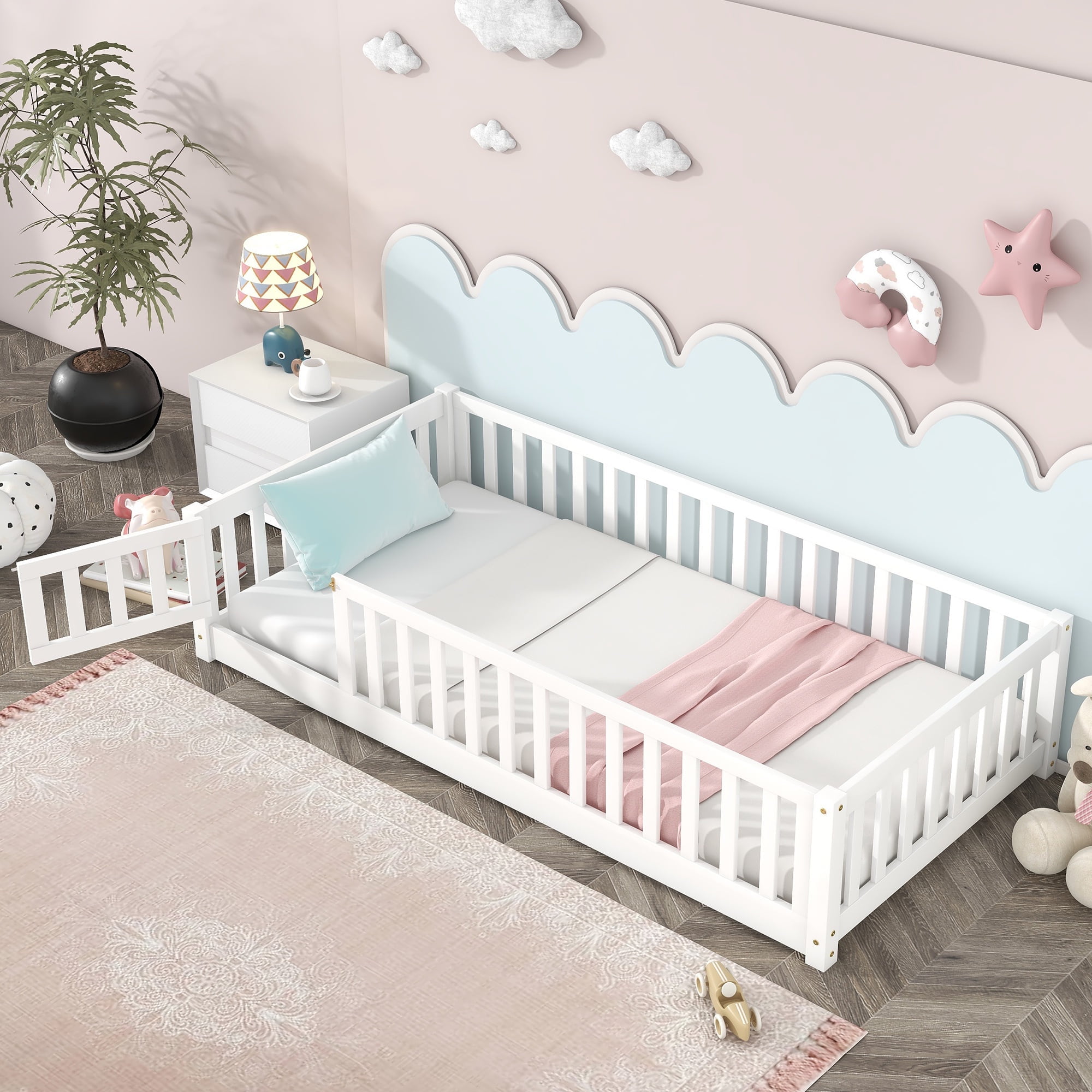PAPROOS Twin Size Floor Bed, Solid Wood Toddler Bed with Slat, Fence Guardrail and Door, No Box Spri(图1)