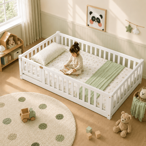 PAPROOS Twin Montessor Floor Bed, Solid Wood Montessor Bed with Safety Guardrail and Door, Easy Assembly, Low-to-Floor Bed Frame with Slats for Boys Girls, White