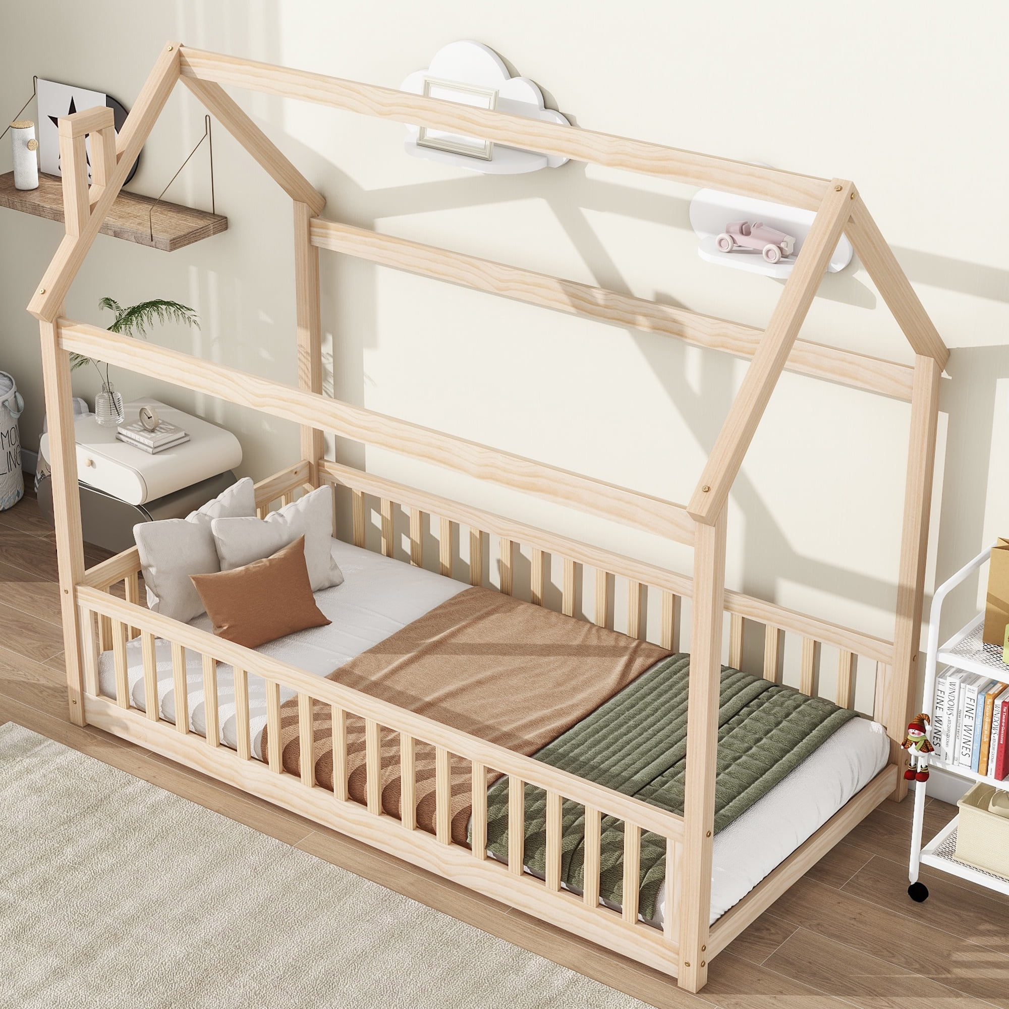PVWIIK Twin Size Double Frame Floor Bed With Fence For Girls & Boys,Montessori Floor Bed W/Safety Guardrails For Girls,Boys,No Box Spring Needed, Grey