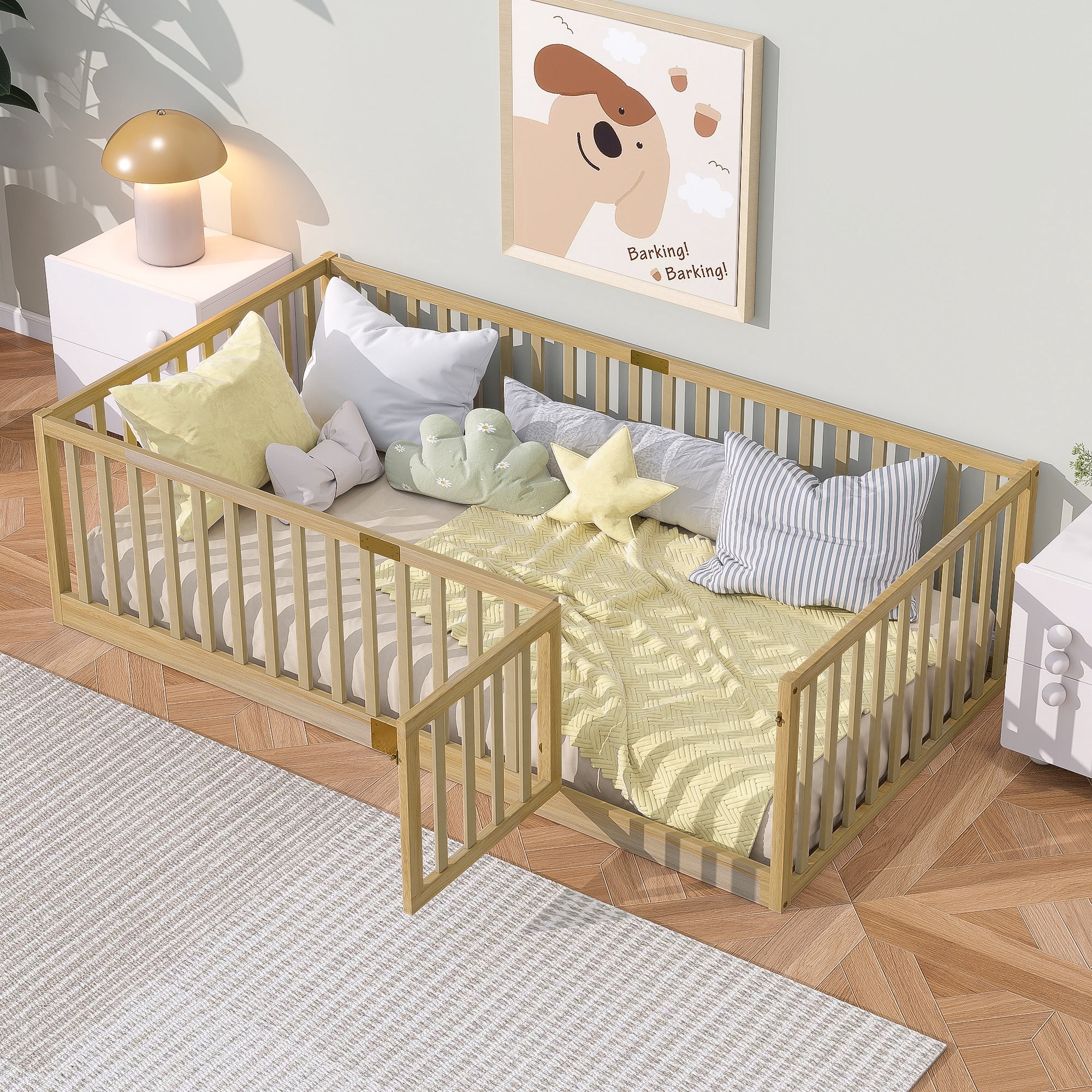 Sesslife Twin Size Floor Bed with High Fence & Door, Wood Twin Bed Frame with Salts and 21.5” Safety Guardrails, Twin Floor Bed for Boys Girls, No Box Spring Needed, Natural