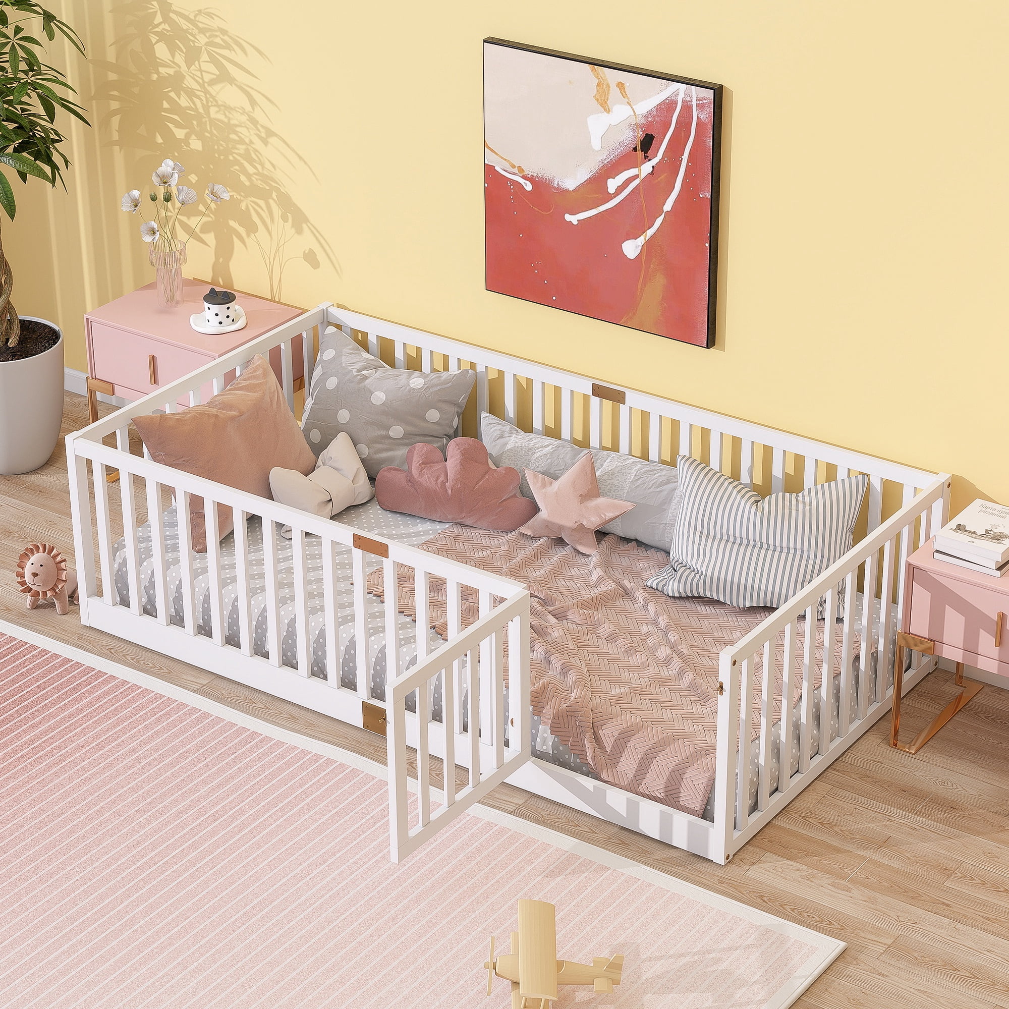 Sesslife Twin Size Floor Bed with High Fence & Door, Wood Twin Bed Frame with Salts and 21.5” Safety Guardrails, Twin Floor Bed for Boys Girls, No Box Spring Needed, White