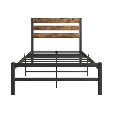 PAPROOS Twin Size Metal Bed Frame with Wooden Headboard, Metal Single Bed for Kids Teens Adults, Industrial Heavy Duty Platform Bed Frame, No Box Spring Needed, Black