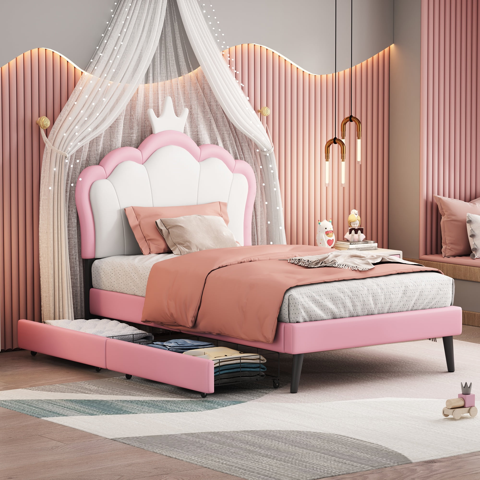 Homfa LED Bed Frame, Full Size Bed for Kids Girls, Velvet
