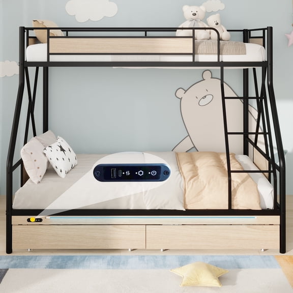 PAPROOS Bunk Bed Twin Over Full, Bunk Bed for Kids with Drawers, Ladder, Guard Rails, USB Charging Station, Metal Bunk Bed Frame for Teens Adults for Bedroom Dorm Room,No Box Spring Needed, Black