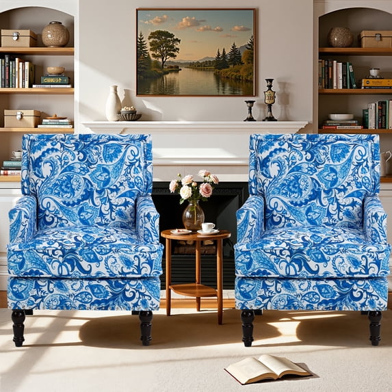 Paproos Upholstered Accent Chair Set of 2, Vintage Arm Chair with Blue and White Porcelain Print Linen Fabric and Nailhead Trim, Comfy Reading Chair, Armchair for Living Room, Bedroom, Blue#2