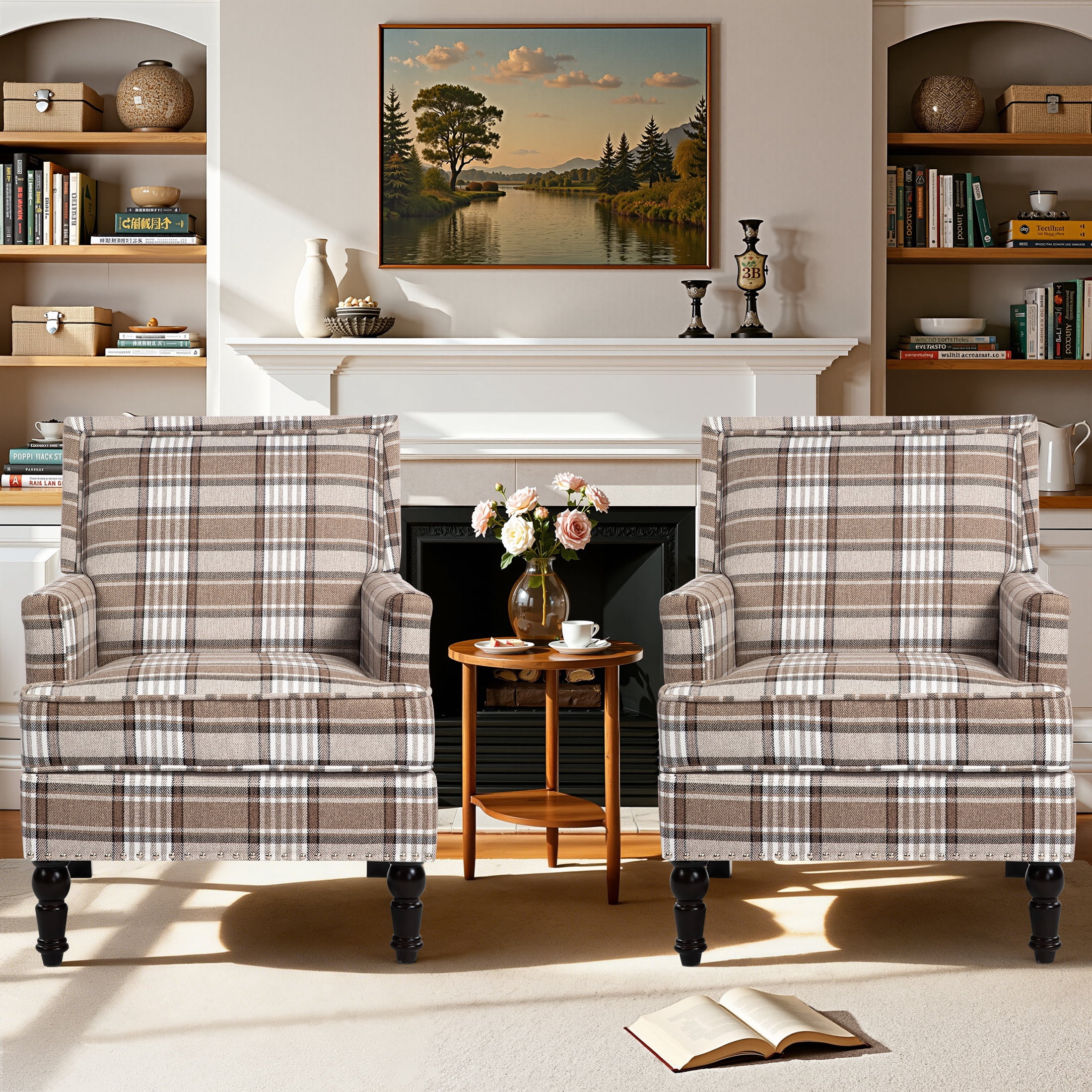 Paproos Upholstered Accent Chair Set of 2, Vintage Arm Chair with Linen Fabric and Nailhead Trim, Comfort Reading Chair Lounge Chair, Armchair for Living Room, Bedroom, Coffee