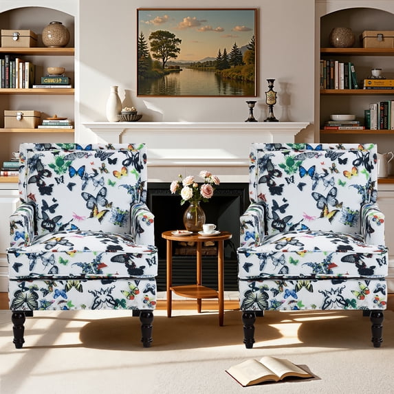 Paproos Upholstered Accent Chair Set of 2, Vintage Multicolor Butterfly Print Linen Arm Chairs with Nailhead Trim, Comfy Reading Lounge Chairs for Living Room & Bedroom, White