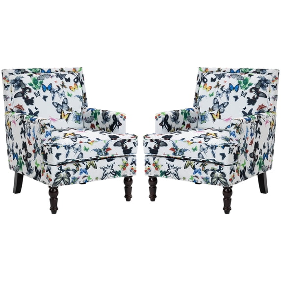 Paproos Upholstered Accent Chair Set of 2, Vintage Arm Chair with butterfly Linen Fabric and Nailhead Trim, Comfort Reading Chair Lounge Chair, Armchair for Living Room, Bedroom, White