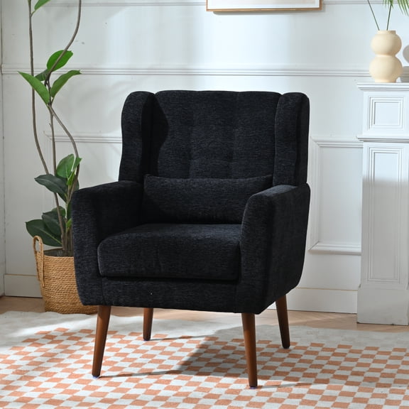 PAPROOS Modern Upholstered Chenille Accent Chairs Comfy Armchair Reading Chair with Pillows Solid Wood Leg for Living Room Bedroom Reading Room, Black