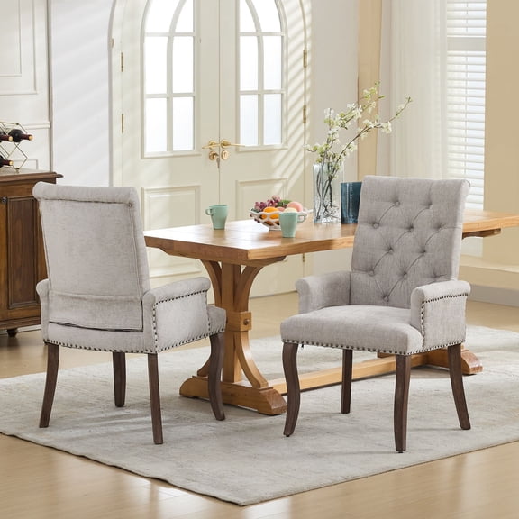 PAPROOS Upholstered Dining Chairs Set of 2, Chenille Tufted Dining Room Chairs with Arms, Nailhead Trim, Curved Solid Wood Legs, Modern Farmhouse Accent Kitchen Chairs for Home Living Room, Beige