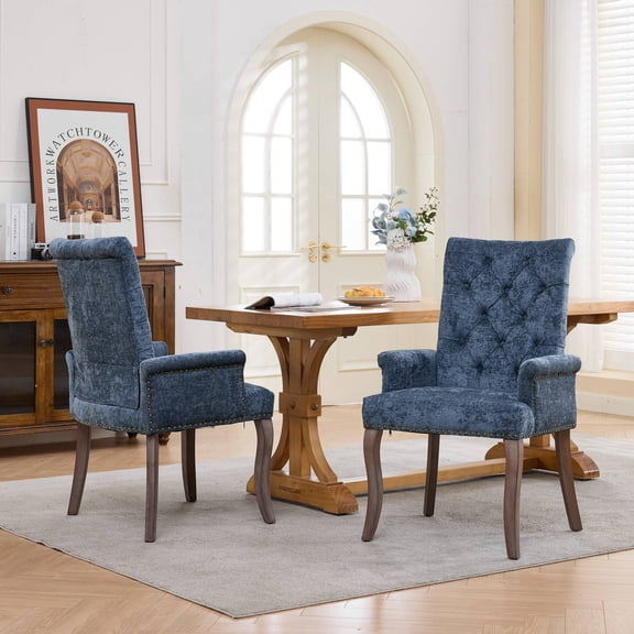 PAPROOS Upholstered Dining Chairs Set of 2, Chenille Tufted Dining Room Chairs with Arms, Nailhead Trim, Curved Solid Wood Legs, Modern Farmhouse Accent Kitchen Chairs for Home Living Room, Blue