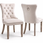 PAPROOS Upholstered Dining Chairs Set of 2, Velvet Dining Room Chairs with Button-Tufted Back, Back Ring and Nailhead Trim, Modern Farmhouse Kitchen Chairs with Solid Wood Legs, Beige