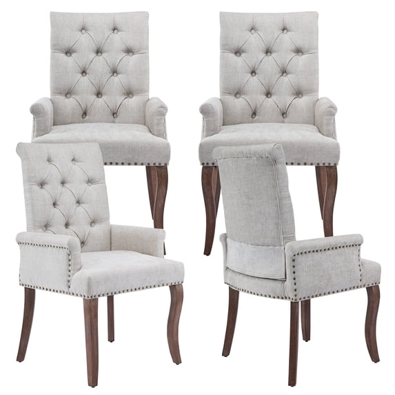 PAPROOS Upholstered Dining Chairs Set of 4, Chenille Tufted Dining Room Chairs with Arms, Nailhead Trim, Curved Solid Wood Legs, Modern Farmhouse Kitchen Chairs for Home Living Room, Beige