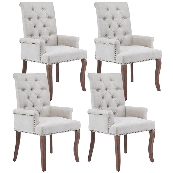 PAPROOS Upholstered Dining Chairs Set of 4, Chenille Fabric Tufted Dining Room Chair with Curved Solid Wood Legs, Modern Accent Dining Chair with Arm, Armchair for Kitchen, Living Room, Beige
