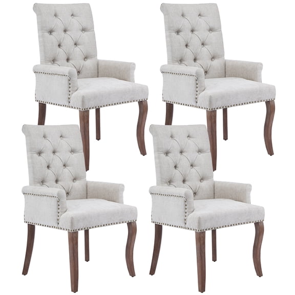 PAPROOS Upholstered Dining Chairs Set of 4, Chenille Fabric Tufted Dining Room Chair with Curved Solid Wood Legs, Modern Accent Dining Chair with Arm, Armchair for Kitchen, Living Room, Beige