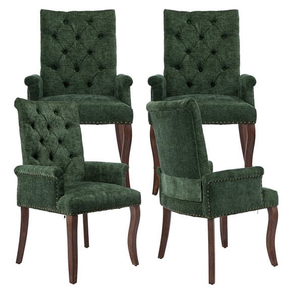 PAPROOS Upholstered Dining Chairs Set of 4, Chenille Fabric Tufted Dining Room Chair with Curved Solid Wood Legs, Modern Accent Dining Chair with Arm, Armchair for Kitchen, Living Room, Olive Green