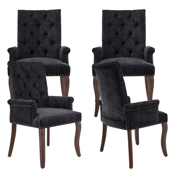 PAPROOS Upholstered Dining Chairs Set of 4, Chenille Tufted Dining Room Chairs with Arms, Nailhead Trim, Curved Solid Wood Legs, Modern Farmhouse Kitchen Chairs for Home Living Room, Black