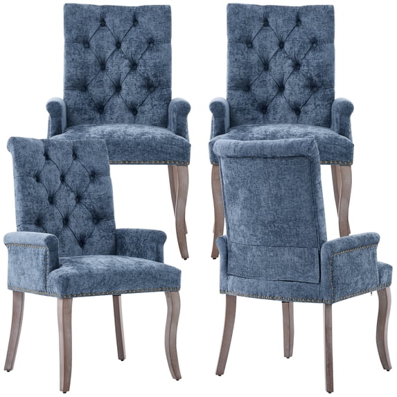 PAPROOS Upholstered Dining Chairs Set of 4, Chenille Tufted Dining Room Chairs with Arms, Nailhead Trim, Curved Solid Wood Legs, Modern Farmhouse Kitchen Chairs for Home Living Room, Blue