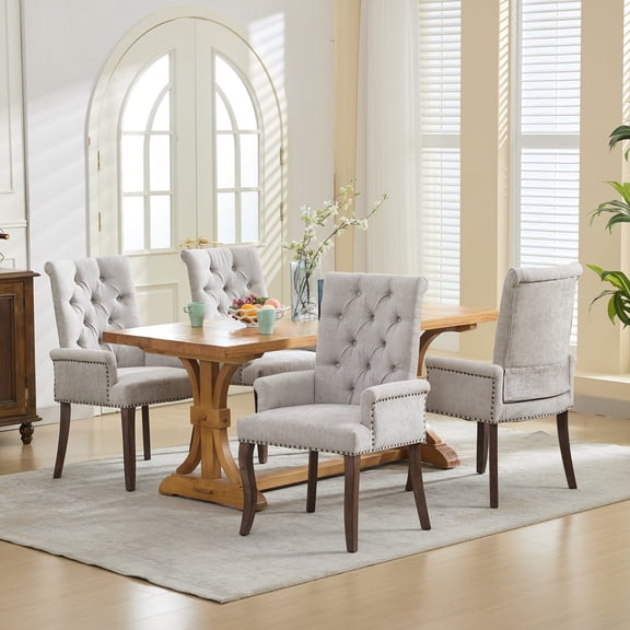 PAPROOS Upholstered Dining Chairs Set of 4, Chenille Fabric Tufted Dining Room Chair with Curved Solid Wood Legs, Modern Accent Dining Chair with Arm, Armchair for Kitchen, Living Room, Beige