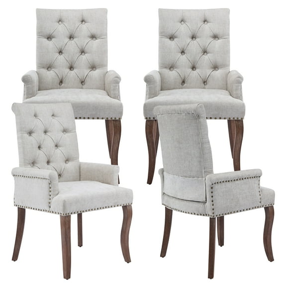 PAPROOS Upholstered Dining Chairs Set of 4, Chenille Fabric Tufted Dining Room Chair with Curved Solid Wood Legs, Modern Accent Dining Chair with Arm, Armchair for Kitchen, Living Room, Beige