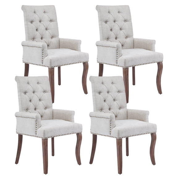 PAPROOS Upholstered Dining Chairs Set of 4, Chenille Fabric Tufted Dining Room Chair with Curved Solid Wood Legs, Modern Accent Dining Chair with Arm, Armchair for Kitchen, Living Room, Beige