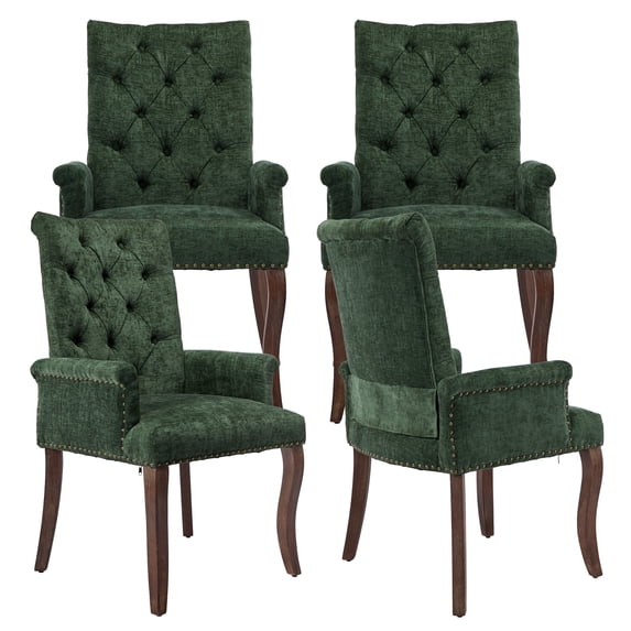 PAPROOS Upholstered Dining Chairs Set of 4, Chenille Tufted Dining Room Chairs with Arms, Nailhead Trim, Curved Solid Wood Legs, Modern Farmhouse Kitchen Chairs for Home Living Room, Olive Green
