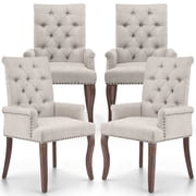 PAPROOS Upholstered Dining Chairs Set of 4, Beige Chenille Dining Room Chairs with Arms, Button-Tufted High Back, Nailhead Trim, Solid Wood Legs, Modern Farmhouse Kitchen Chairs