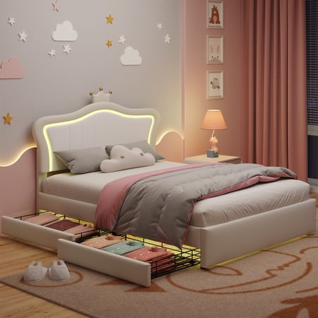 PAPROOS Full Size Upholstered Platform Bed with LED Lights and 2 Storage Drawers, Modern Upholstered Princess Bed with Crown Headboard, Full Bed for Girls, Beige