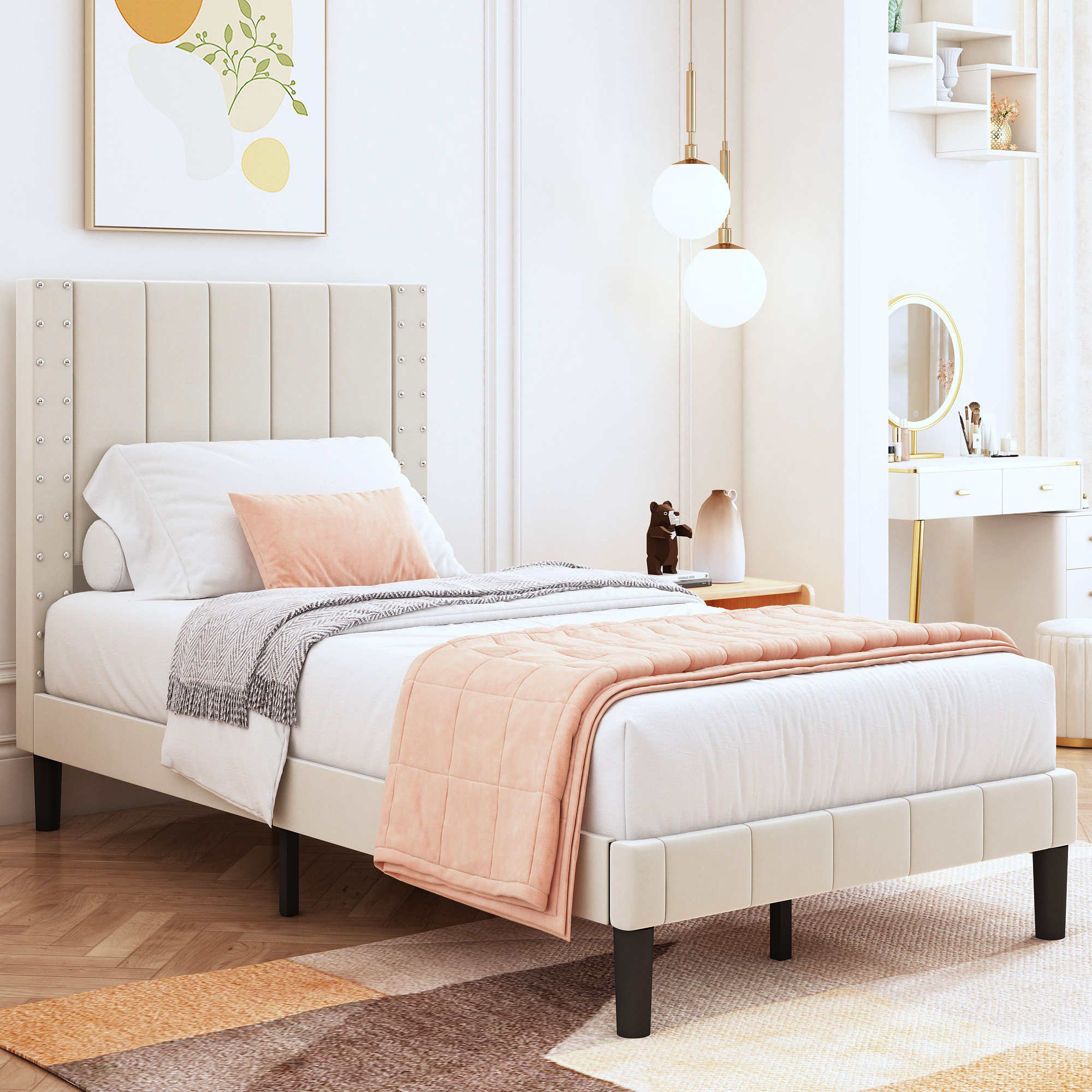 PAPROOS Upholstered Twin Bed Frame, New Upgraded Fabric Platform Bed
